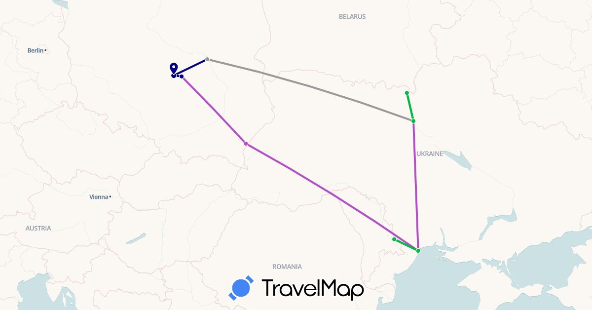 TravelMap itinerary: driving, bus, plane, train in Moldova, Poland, Ukraine (Europe)